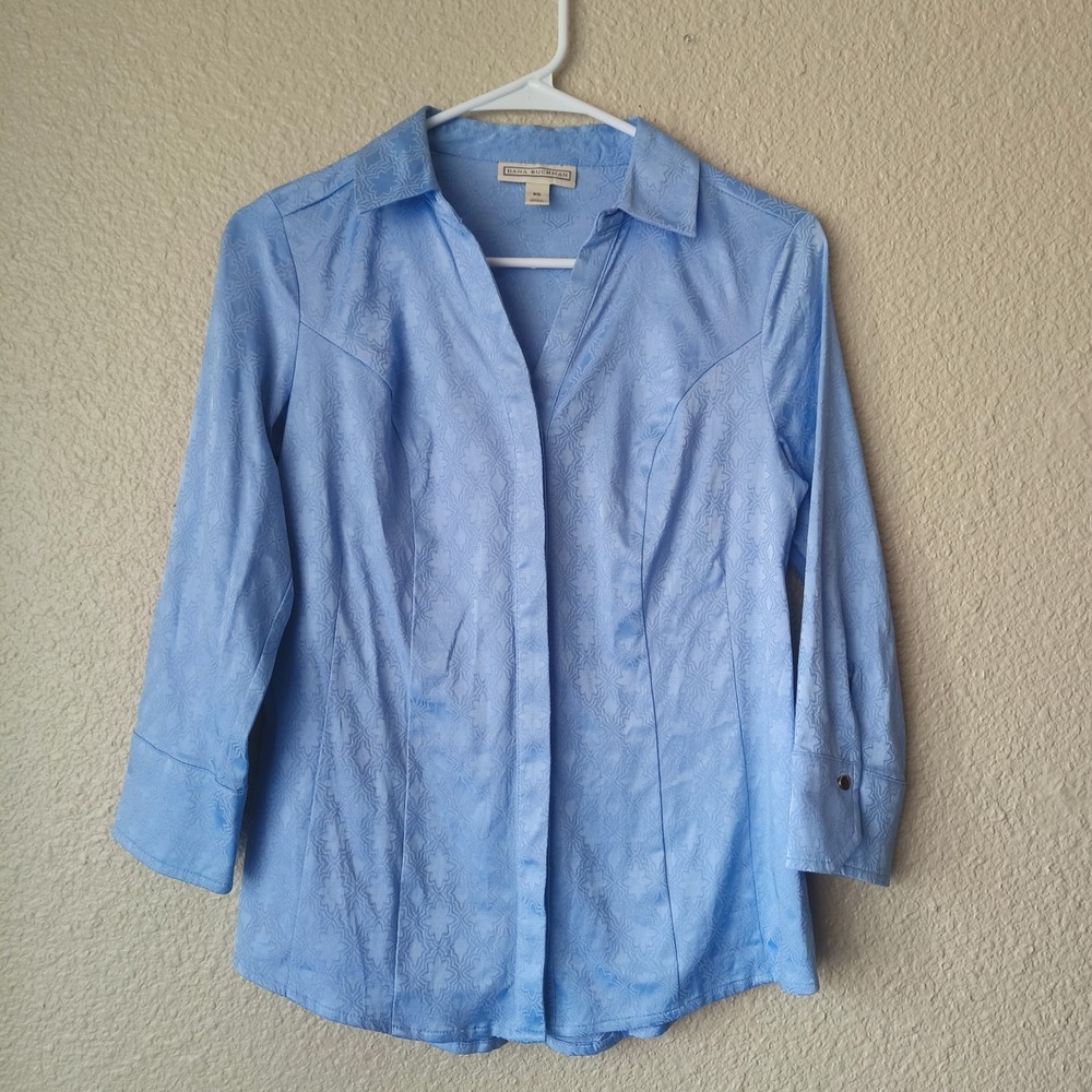 Dana Buchman women's blue 3/4 sleeve button-down shirt with floral print size XS